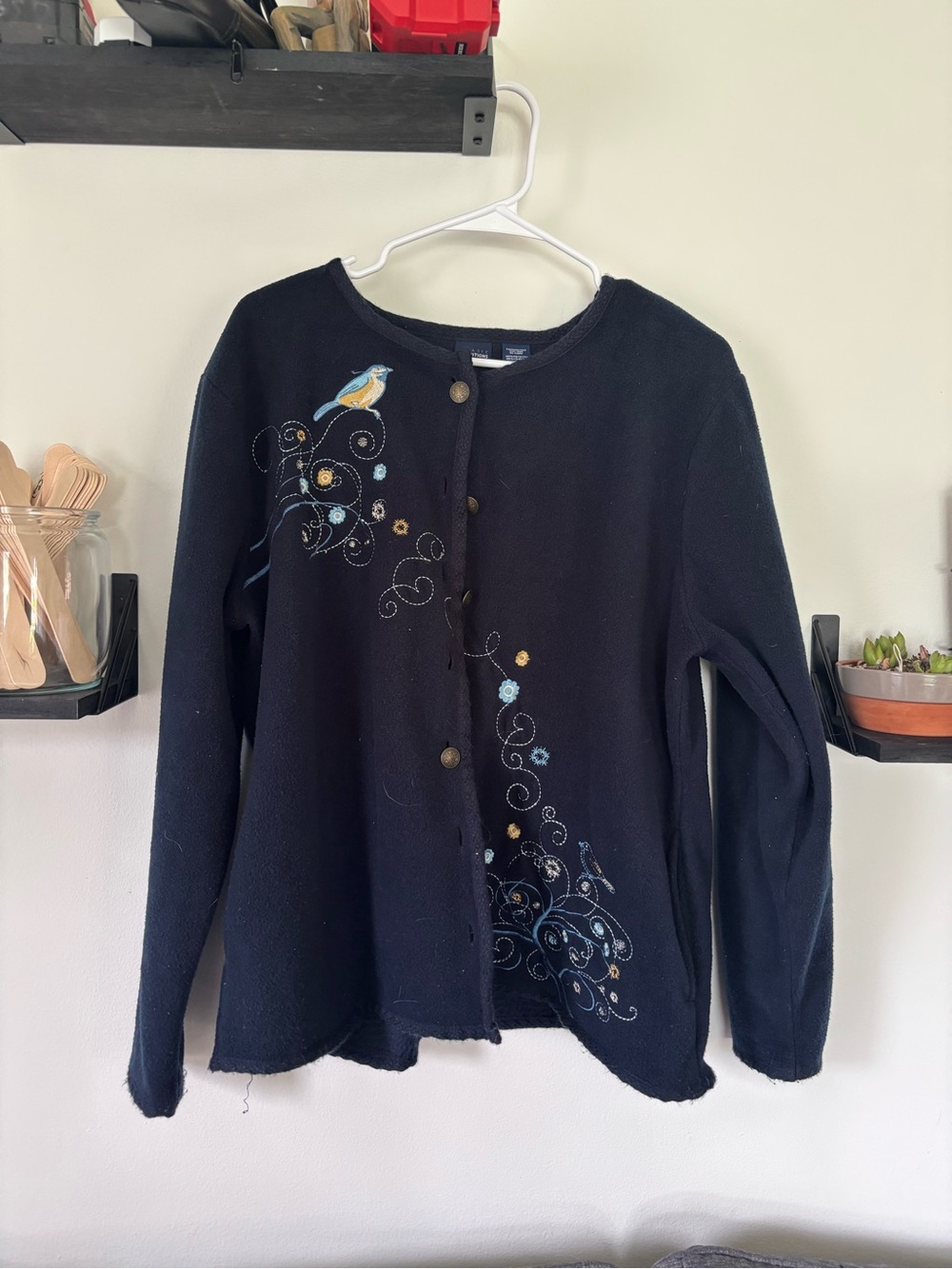 Basic Editions XL Embroidered Bird Floral Fleece Cardigan